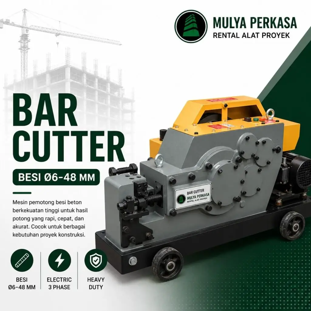 Bar Cutter untuk pemotongan besi beton Ø6–48 mm pada proyek konstruksi dari Mulya Perkasa.