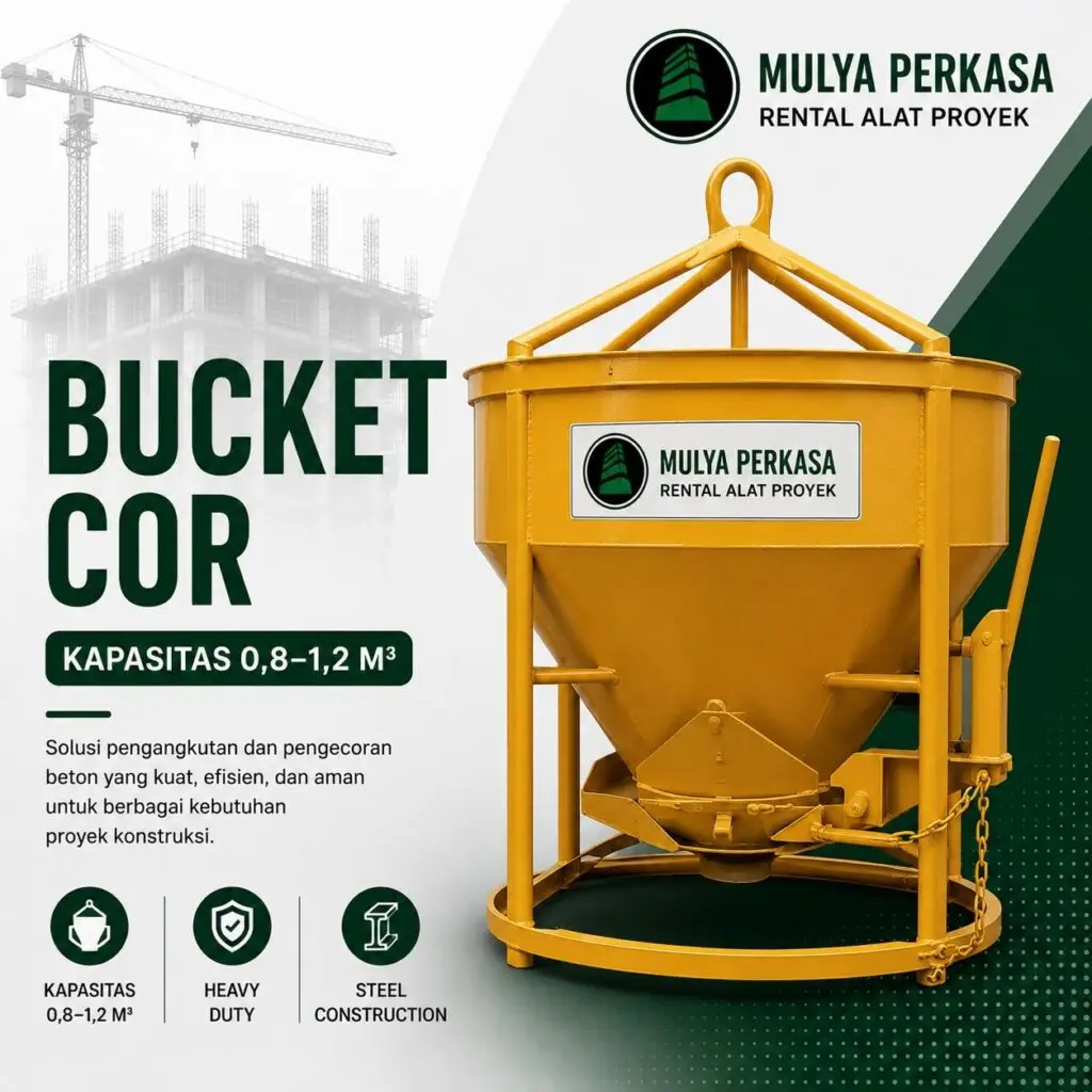 Bucket Cor kapasitas 0,8–1,2 m³ untuk pengecoran beton pada proyek konstruksi dari Mulya Perkasa.