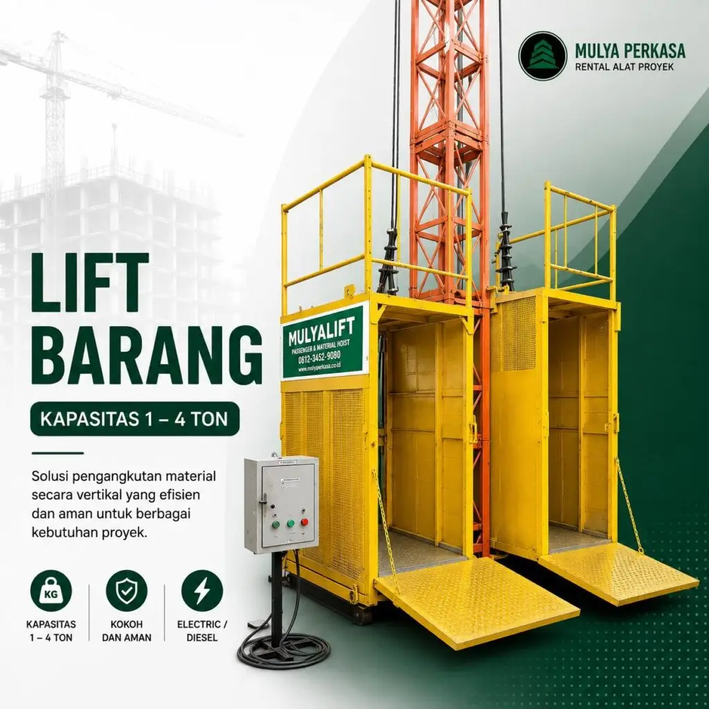 Lift Barang kapasitas 1–4 ton untuk pengangkutan material proyek gedung bertingkat dari Mulya Perkasa.