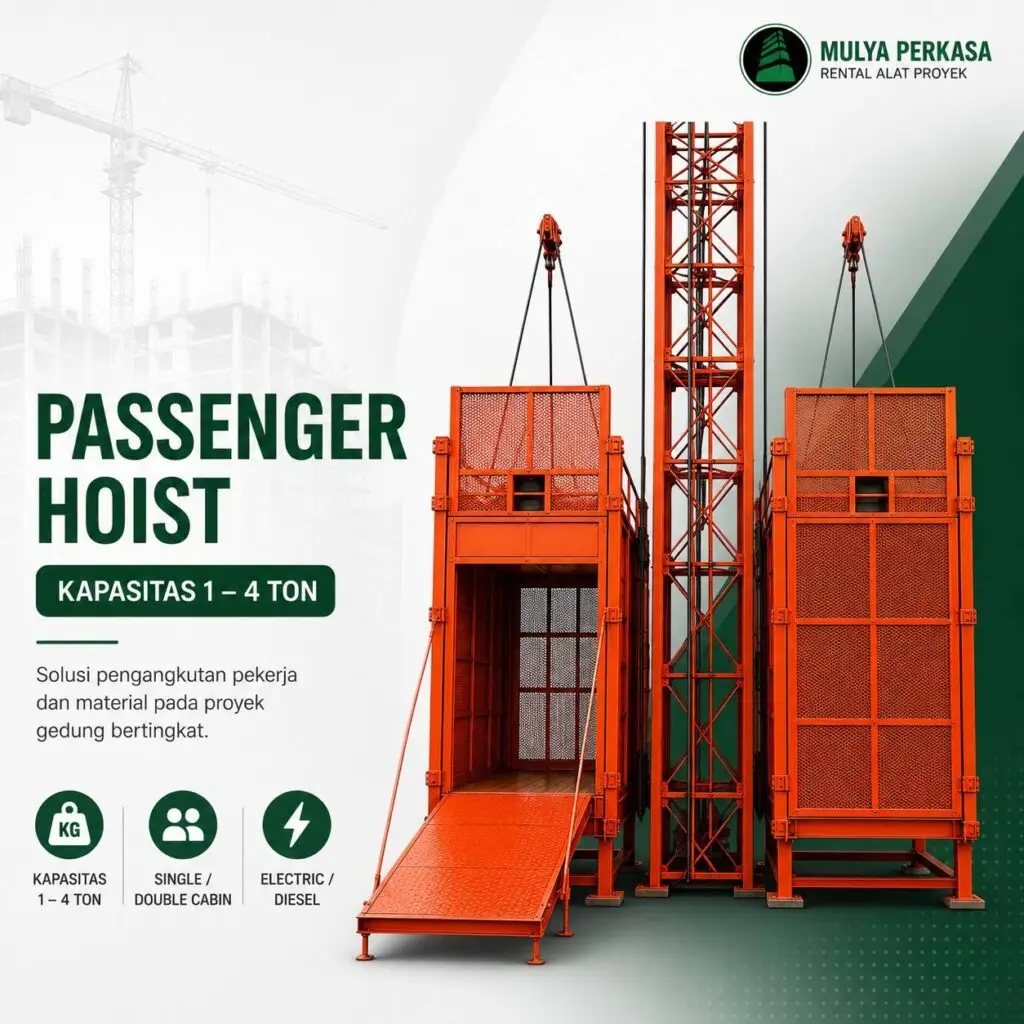 Passenger Hoist kapasitas 1–4 ton untuk pengangkutan pekerja dan material proyek gedung bertingkat dari Mulya Perkasa.